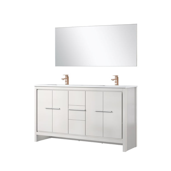 English Elm White Double Bath Vanity With Quartz Top, Rose Gold Faucet & Large Mirror For Modern Bathrooms B2731S01736-GIGA