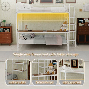 English Elm Full Over Twin Metal Bunk Bed with Desk Led Strip Shelves for Teen Dorm Rooms Ancient White W1935S00010