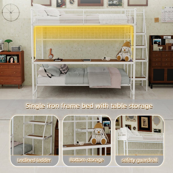 English Elm Full Over Twin Metal Bunk Bed with Desk Led Strip Shelves for Teen Dorm Rooms Ancient White W1935S00010