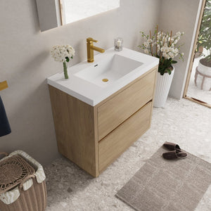 English Elm 36'' Floating Vanity Fluted Front Smoked Walnut Soft Close Drawer Quartz Basin W1920P385555