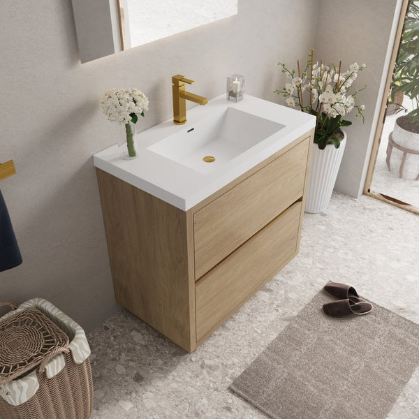 English Elm 36'' Floating Vanity Fluted Front Smoked Walnut Soft Close Drawer Quartz Basin W1920P385555
