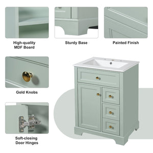 English Elm "24'' 24 Inch Glossy Freestanding Bathroom Vanity with Gold Hardware and Soft Close Storage Green Pinewood N725P375495F