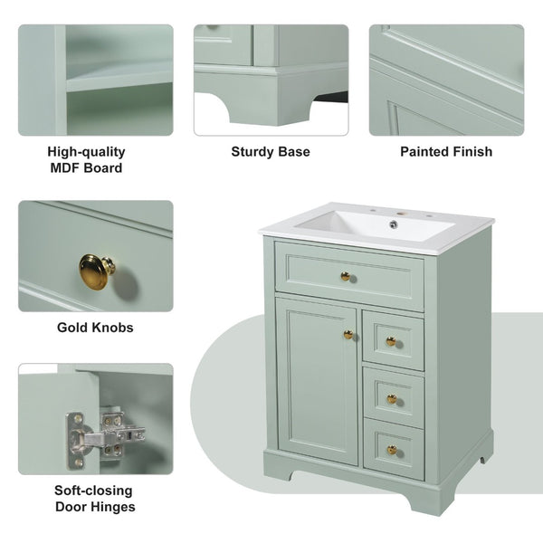 English Elm "24'' 24 Inch Glossy Freestanding Bathroom Vanity with Gold Hardware and Soft Close Storage Green Pinewood N725P375495F