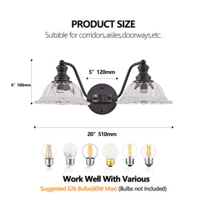 English Elm 20 Inch 2-Light Vintage Bathroom Wall Sconce - Black Iron & Glass Vanity Light for Mirror, Hallway, Bedroom, Hardwired Elegance W1340P284600