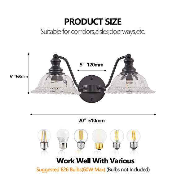 English Elm 20 Inch 2-Light Vintage Bathroom Wall Sconce - Black Iron & Glass Vanity Light for Mirror, Hallway, Bedroom, Hardwired Elegance W1340P284600