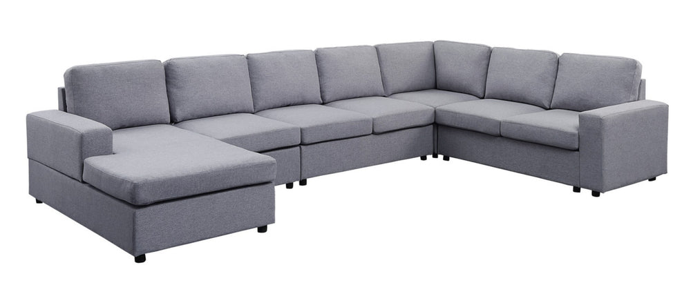 English Elm Hayden Seven Seat Modular Sectional Sofa with Reversible Chaise in Linen Fabric Light Gray B061S00250