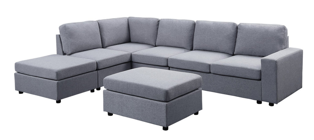 English Elm Cassia Seven Seat Modular Linen Sectional with Ottoman for Open Concept Living B061S00170