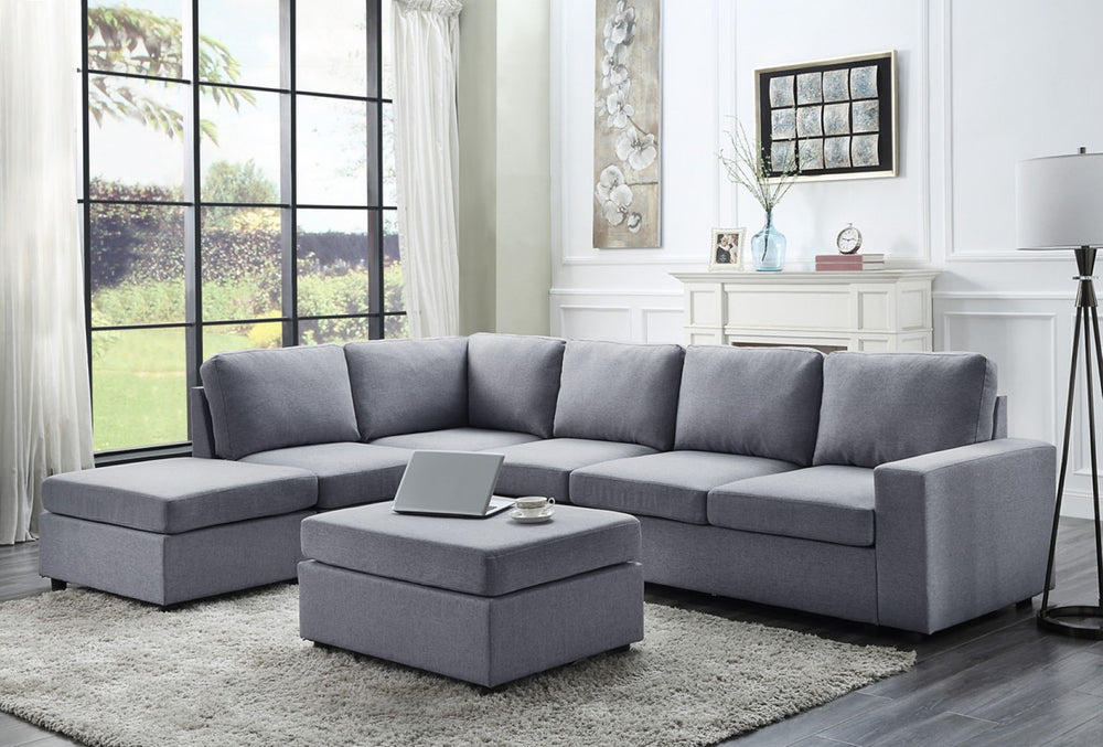English Elm Cassia Seven Seat Modular Linen Sectional with Ottoman for Open Concept Living B061S00170