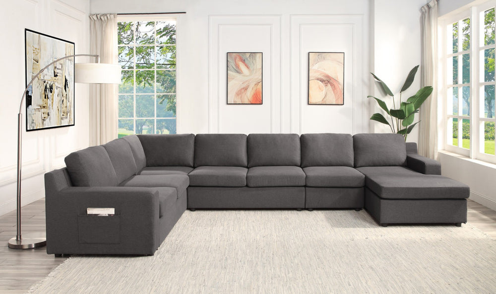 English Elm Waylon U-shape Sectional with Chaise Linen Upholstery Pocket Coil 7 Seat Sofa B061S00174