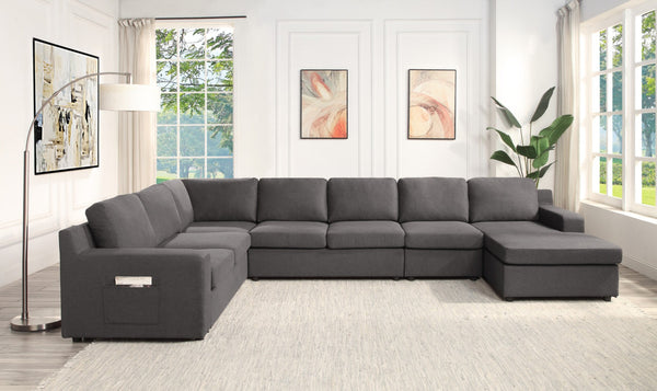 English Elm Waylon U-shape Sectional with Chaise Linen Upholstery Pocket Coil 7 Seat Sofa B061S00174