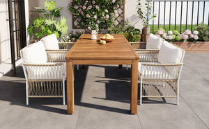 English Elm Topmax Outdoor Acacia Wood Dining Set with Wicker Arm Chairs for Patio Garden SP100032AAN