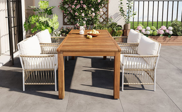 English Elm Topmax Outdoor Acacia Wood Dining Set with Wicker Arm Chairs for Patio Garden SP100032AAN