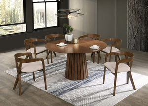 VIG Furniture Weiss Mid-Century Walnut Round Dining Set With 54" Table And 6 Upholstered Armchairs, Beige VGMAMIT-5346-MI-1181-SET