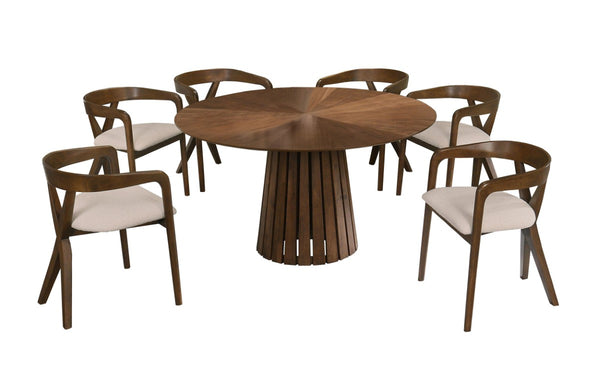 VIG Furniture Weiss Mid-Century Walnut Round Dining Set With 54" Table And 6 Upholstered Armchairs, Beige VGMAMIT-5346-MI-1181-SET