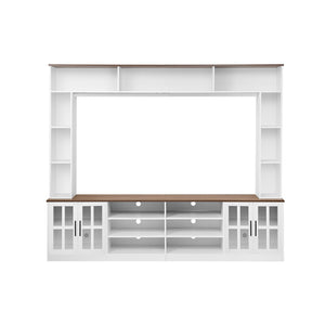 English Elm 95.5" Wide Modern Farmhouse Wall Unit with Tempered Glass Cabinets and Bookshelf Storage White SJ000157AAK
