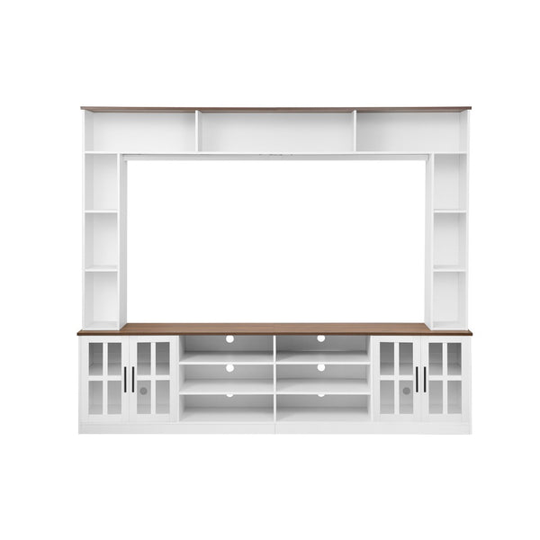 English Elm 95.5" Wide Modern Farmhouse Wall Unit with Tempered Glass Cabinets and Bookshelf Storage White SJ000157AAK