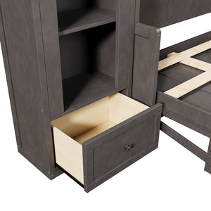 English Elm Queen Murphy Bed with Led Lighting Side Cabinets Shelving and Fold Down Desk Panel Gray N7090002226E-1