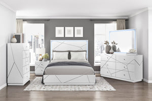 English Elm Glamorous White Lacquer California King Bed with Led Headboard and Geometric Accents B011S02214