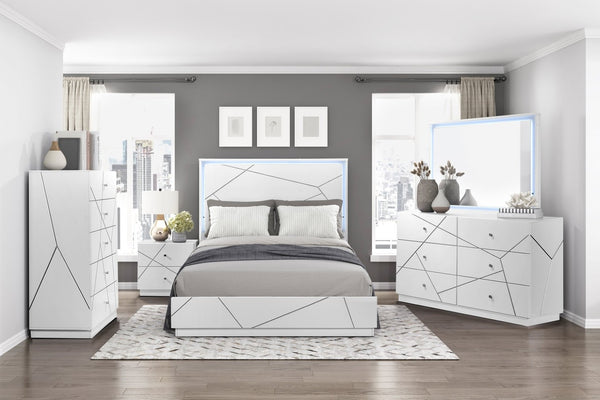 English Elm Glamorous White Lacquer California King Bed with Led Headboard and Geometric Accents B011S02214