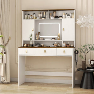 English Elm Farmhouse Vanity with Lighted Mirror Drawers and Styling Tool Storage for Bedroom W1321P423039