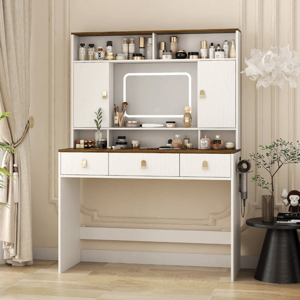 English Elm Farmhouse Vanity with Lighted Mirror Drawers and Styling Tool Storage for Bedroom W1321P423039