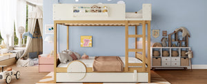 English Elm Queen Bunk Bed with Trundle Solid Pine Kids Car Themed Frame Built-in Bookshelf Natural+Beige W1580S00449
