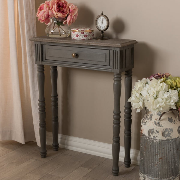 Baxton Studio Baxton Studio Charming Country Cottage Console Table with Ornate Legs and Antique Bronze Pull 1-Drawer ROB11-Brown-ST