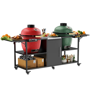 English Elm Outdoor Dual Kamado Grill Cart with Stainless Steel Top Iron Frame and Storage Cabinet W3190P328545
