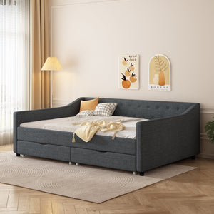 English Elm Full Size Daybed With Drawers - Stylish Upholstered Sofa Bed With Tufted Design & Waved Arms In Dark Grey W2336S00040
