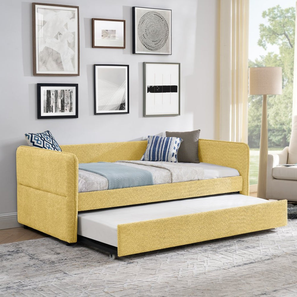 English Elm Daybed Boucle Upholstered Tufted Twin Trundle Sofa for Guest Bedroom Studio Lounge Yellow W1413S00174