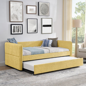 English Elm Daybed Boucle Upholstered Tufted Twin Trundle Sofa for Guest Bedroom Studio Lounge Yellow W1413S00174
