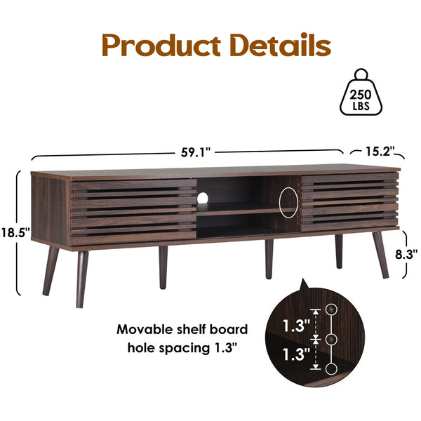 English Elm Mid Century Modern Fluted Wood Media Console with Storage Cabinets for Living Room Walnut T3623P435374