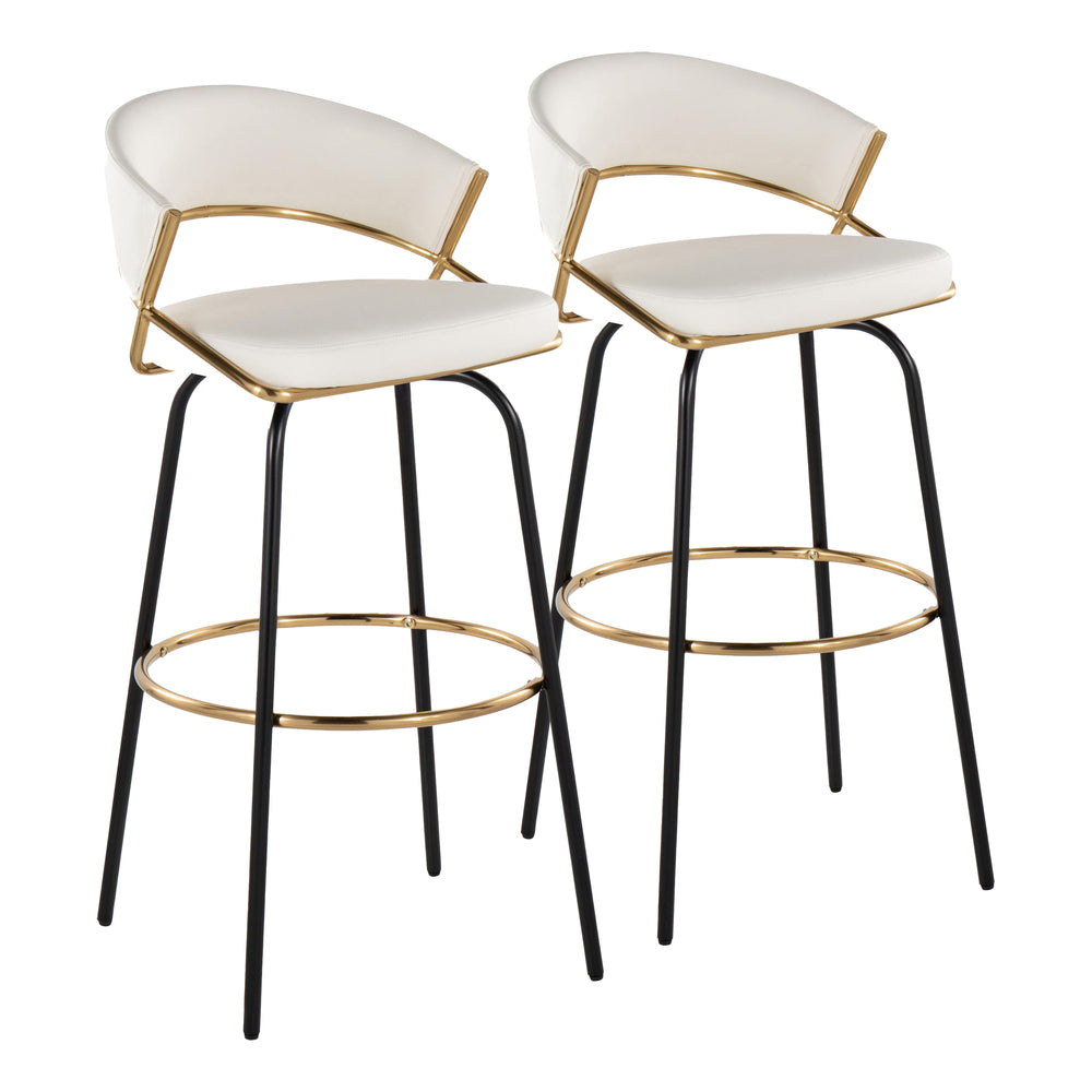 English Elm Jie Stylish 30" Fixed-Height Barstools With Swivel, Gold & White Faux Leather - Set Of 2 For Glam Spaces B202S00609