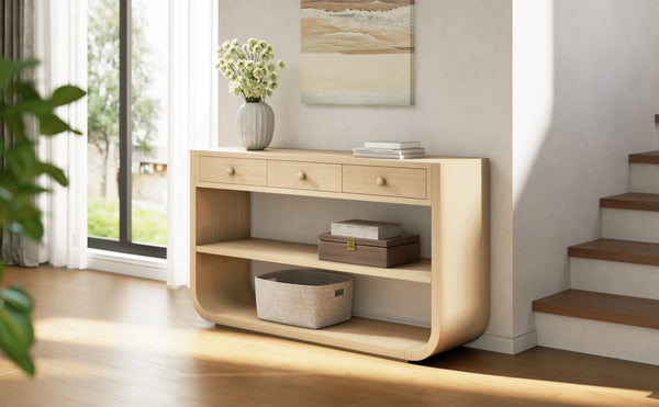 English Elm [video] Sculptural Console Table Pine Wood Curved Legs Soft-close Drawers Open Shelving Entryway Natural N759P433560N