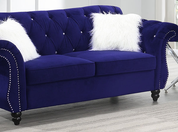 English Elm 2pc Indigo Velvet Sofa Set 2pc Living Room Crystal Tufted Upholstered Couch Loveseat with Nailhead Trim B011S01699