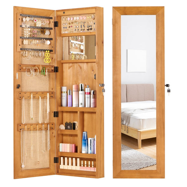 English Elm Solid Wood Wall Mounted Jewelry Armoire with Led Lighting Auto Activated Mirror Cabinet Light Brown W2640P356579