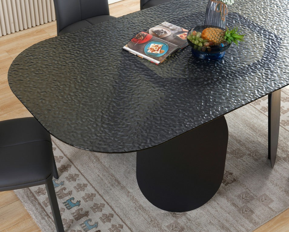 VIG Furniture Maxine Hammered Grey Tempered Glass Dining Table, Industrial Iron Base, Scratch-Resistant 78.7" VGYF-DT9002