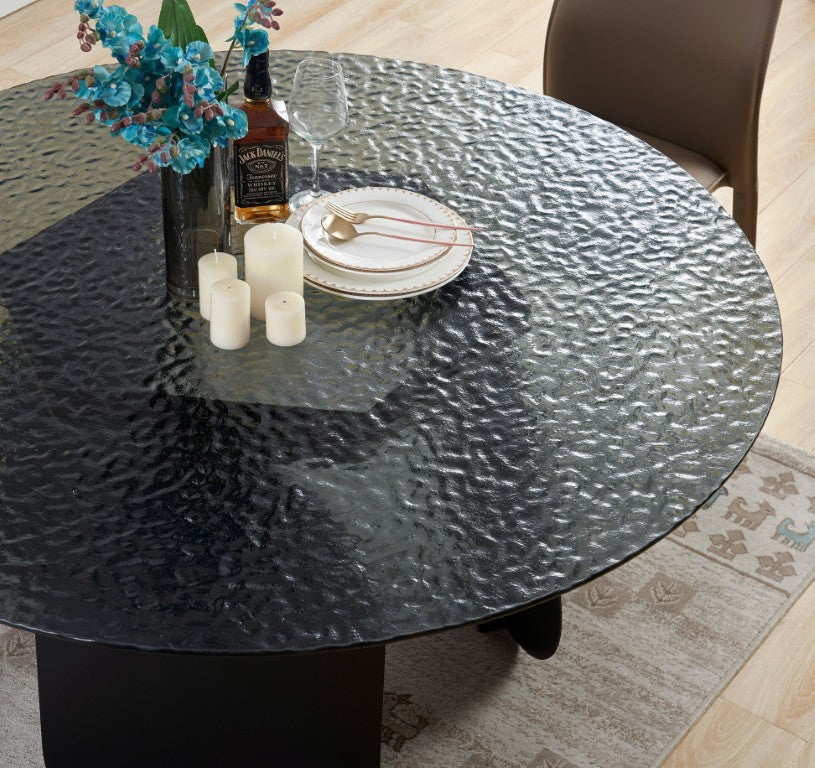VIG Furniture Maxine Modern Hammered Grey Glass Round Dining Table With Sculptural Black Iron Base, Seats 4 VGYF-DT9003