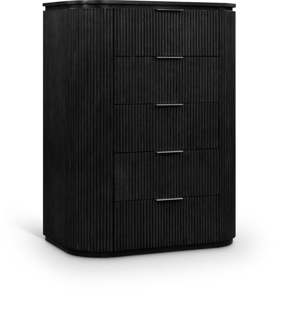 Meridian Furniture Astrid Fluted Oak Veneer Chest with Vertical Groove Panels for Modern Bedroom Storage Black 818Black-CH
