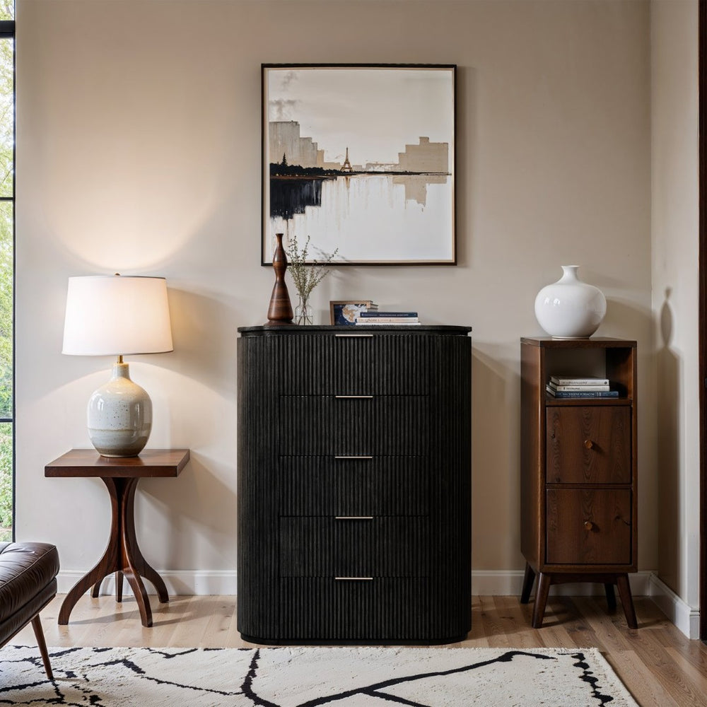 Meridian Furniture Astrid Fluted Oak Veneer Chest with Vertical Groove Panels for Modern Bedroom Storage Black 818Black-CH