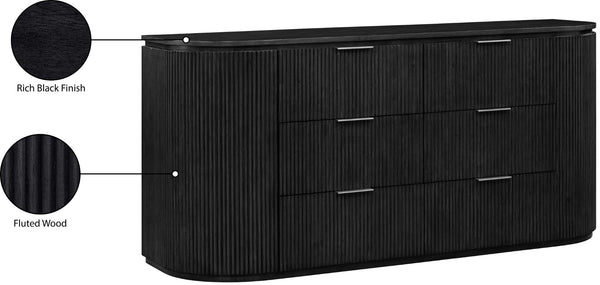 Meridian Furniture Astrid Fluted Oak Veneer Six Drawer Dresser with Sculptural Fronts for Modern Bedroom Storage Black 818Black-D