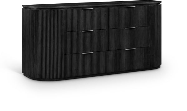 Meridian Furniture Astrid Fluted Oak Veneer Six Drawer Dresser with Sculptural Fronts for Modern Bedroom Storage Black 818Black-D