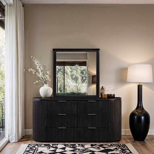 Meridian Furniture Astrid Fluted Wood Frame Wall Mirror for Stylish Contemporary and Modern Home Interiors Black 818Black-M