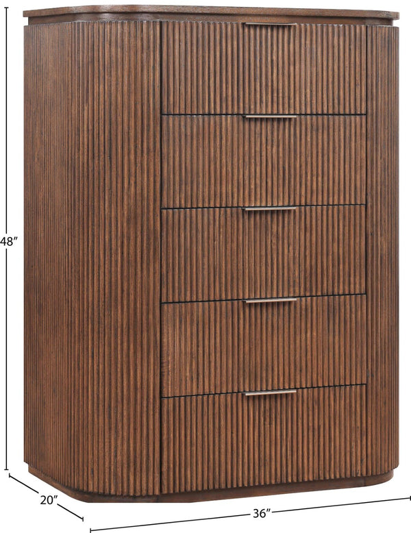 Meridian Furniture Astrid Fluted Oak Veneer Chest with Vertical Groove Panels for Modern Bedroom Storage Brown 818Brown-CH