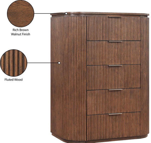 Meridian Furniture Astrid Fluted Oak Veneer Chest with Vertical Groove Panels for Modern Bedroom Storage Brown 818Brown-CH