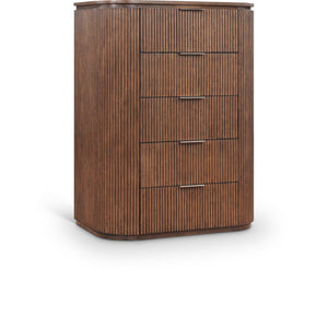 Meridian Furniture Astrid Fluted Oak Veneer Chest with Vertical Groove Panels for Modern Bedroom Storage Brown 818Brown-CH