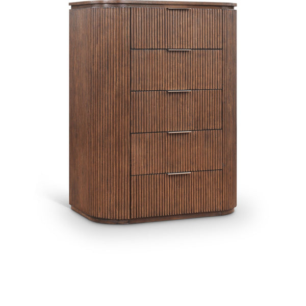 Meridian Furniture Astrid Fluted Oak Veneer Chest with Vertical Groove Panels for Modern Bedroom Storage Brown 818Brown-CH
