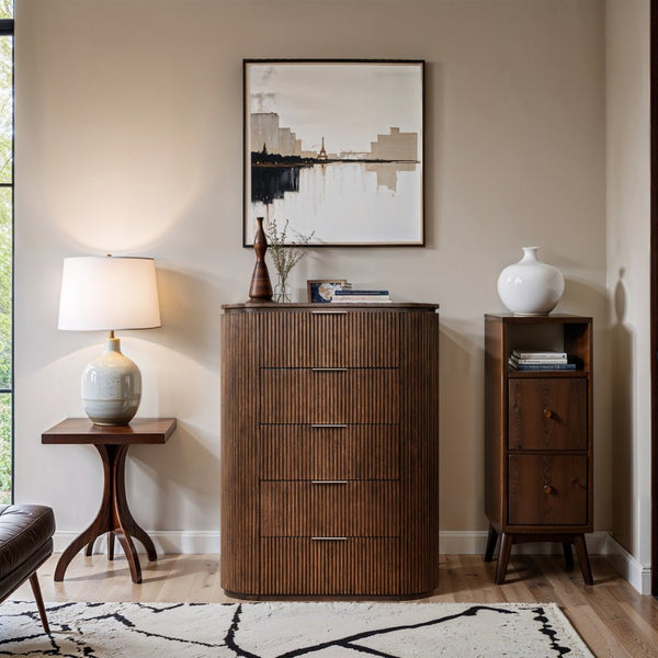 Meridian Furniture Astrid Fluted Oak Veneer Chest with Vertical Groove Panels for Modern Bedroom Storage Brown 818Brown-CH