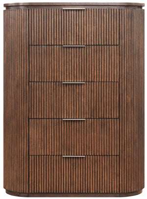 Meridian Furniture Astrid Fluted Oak Veneer Chest with Vertical Groove Panels for Modern Bedroom Storage Brown 818Brown-CH