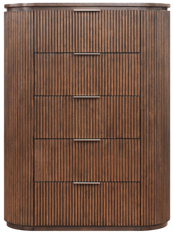 Meridian Furniture Astrid Fluted Oak Veneer Chest with Vertical Groove Panels for Modern Bedroom Storage Brown 818Brown-CH